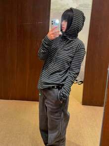 American Design Button-Up Hooded Lazy Vintage Striped Long Sleeve T-Shirt (Random Stripes) - Black - View 3