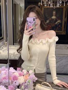 Autumn/Winter Casual Korean Sweet Style Ruffle Off-Shoulder Knit Sweater, Fitted Slim Fit Long Sleeve Top, Warm Gentle Elegant Versatile Base Layer, Apricot Color - Apricot - View 2