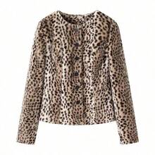 Women's Leopard Print Faux Fur Jacket, Fluffy Crop Top For Autumn/Winter, Halloween Party Outfit - Leopard - View 3