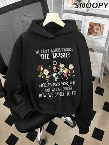 Winter Women's Fleece-Lined Sweatshirt Long-Sleeved Printed Top WE CAN'T ALWAYS CHOOSE THE MUSIC Cute Snoopy - Black - View 1