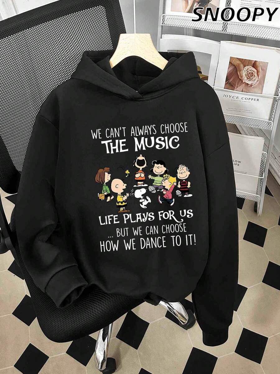Winter Women's Fleece-Lined Sweatshirt Long-Sleeved Printed Top WE CAN'T ALWAYS CHOOSE THE MUSIC Cute Snoopy - Black - View 1