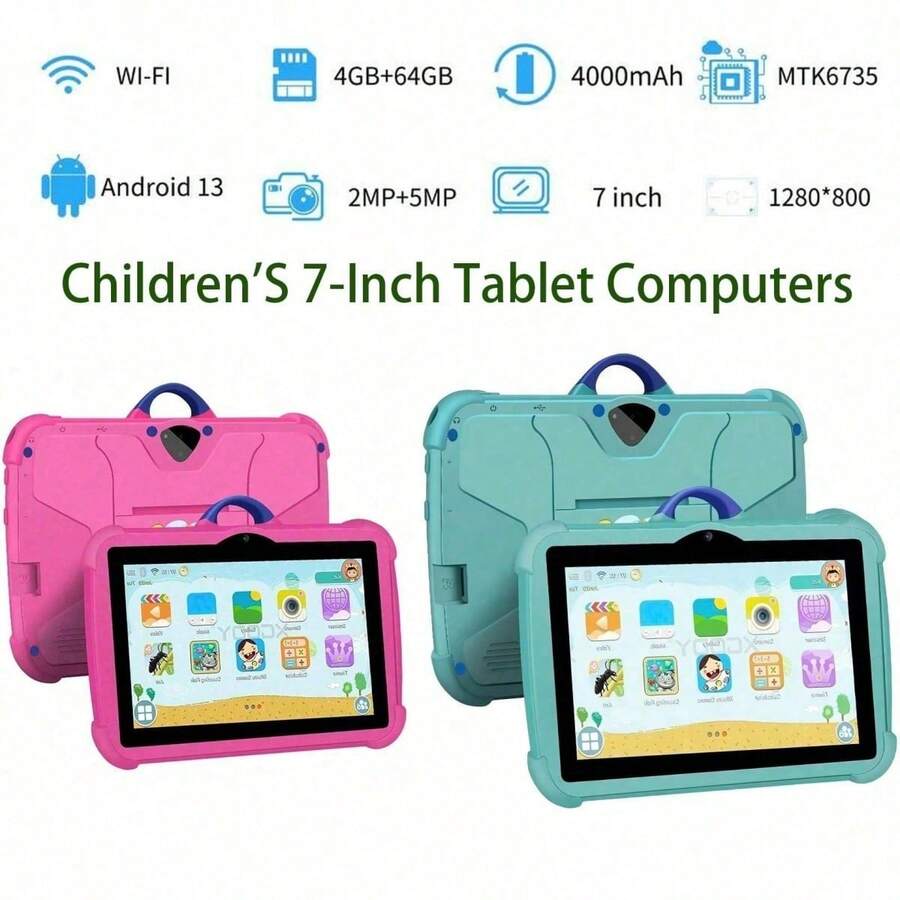 Tablet 7 inci dengan RAM 4GB + ROM 64GB / Prosesor Quad-Core 1.3GHz / Android 13 MTK8321 / Layar IPS HD 1280x800 / Kamera 2MP+5MP / Baterai 4000mAh / WiFi, Kontrol Orang Tua, Edukasi, Game / Bahan ABS + Silikon, Tablet Edukasi - Berwarna merah muda - View 1