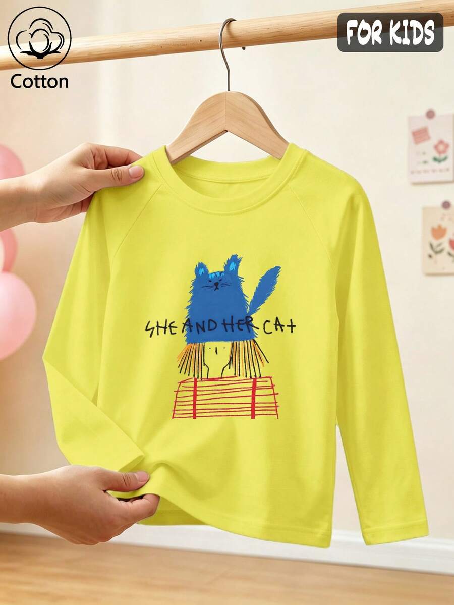 Girls Cotton Raglan Long Sleeve Tee For Fall Winter, Cartoon Cat Print Round Neck, Sweet Preppy School Style - Bright Yellow - View 1