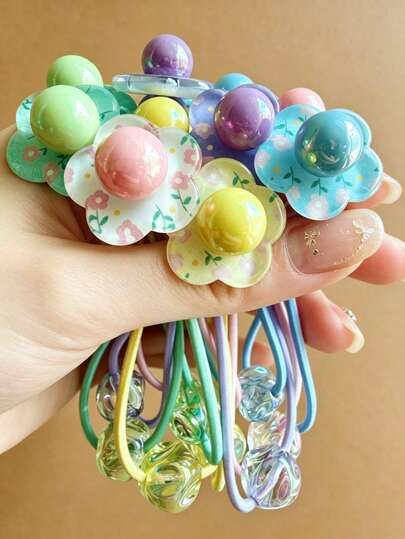 5pcs/1pc Women's Candy Multi-Color Cartoon Flower Pearl Hair Ties Hair Bands Hair Scrunchies Cute Sweet Style Hair Accessories Suitable For Daily Wear, Outings, Travel, Beach, Hair Styling Accessories