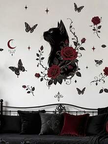 1pc Gothic Black Cat And Red Rose Wall Sticker, Dark Floral And Moon Butterfly Wall Decal, Removable Vinyl Decor For Bedroom And Living Room - D - View 6