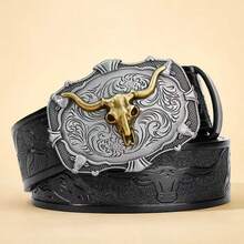 1pc Men's Casual PU Leather Belt, All Season, Western Cowboy Vintage Carved Print Design - Multicolor - View 10