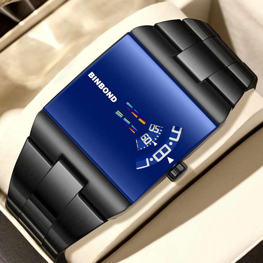 POEDAGAR Men's Stainless Steel Band Fashion Luminous Waterproof Square Quartz Watch, Suitable For Daily Wear, Can Be Given As Birthday Or Holiday Gift