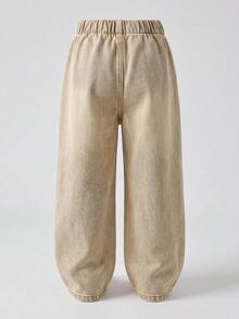 1pc Girls Heart Embroidered Frayed Hem Wide Leg Denim Jeans, Elastic Waist Loose Casual Long Pants, Sweet Fashion Style - Khaki - View 3