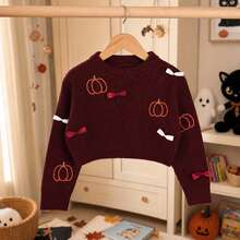 Tween Girl Pumpkin Embroidery Bow Decor Round Neck Sweater - Multicolor - View 2