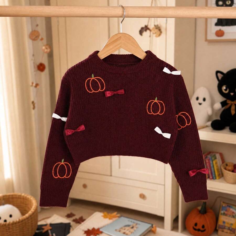 Tween Girl Pumpkin Embroidery Bow Decor Round Neck Sweater - Multicolor - View 1