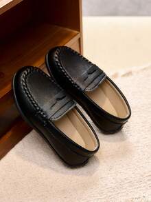 1 Pair Unisex Kids' Vintage British Style Loafers, Soft Sole Stitched Slip-On Shoes, Suitable For School, School Uniform, Stage Performance - Black - View 5