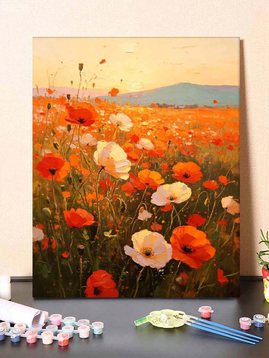 1pc Oil Painting By Numbers Kit, Flower Field DIY Art & Craft, Home Wall Decor, Canvas Oil Painting Decoration, Holiday Gift Includes Paintbrushes And Paints.