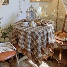 1pc French Vintage Brown Plaid Tablecloth, American Country Style Dining Table Cover, Coffee Shop Decor, Scalloped Edge Tablecloth, Suitable For Wedding, Valentine's Day And Home Decoration - Brown - View 1