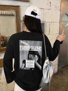 Women's Fashion Autumn/Winter Loose Minimalist Versatile Letter & Cartoon Print Long Sleeve T-Shirt Casual - Black - View 4