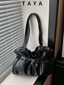 Women's Faux PU Leather Large Capacity Pleated Shoulder Bag, Vintage Buckle Strap Decor, Casual Daily Commute Tote Bag, Suitable For Work, Shopping And Daily Use - Black - View 1