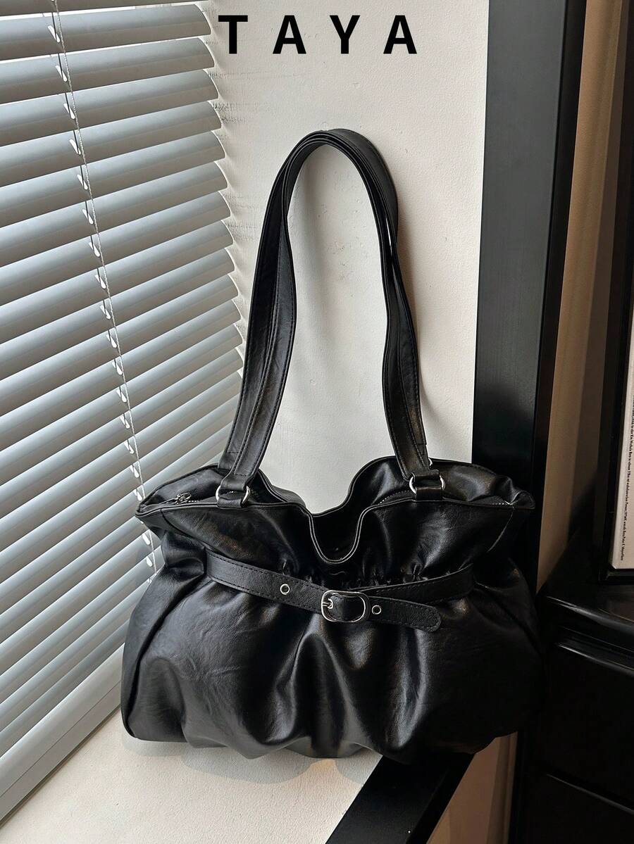 Women's Faux PU Leather Large Capacity Pleated Shoulder Bag, Vintage Buckle Strap Decor, Casual Daily Commute Tote Bag, Suitable For Work, Shopping And Daily Use - Black - View 1
