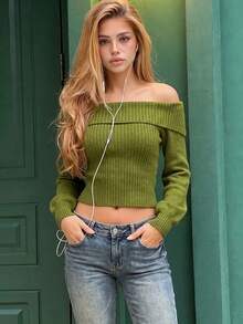 Women's Ribbed Knit Off-Shoulder Cropped Top, Long Bishop Sleeve Sweater, Suitable For Autumn Wear, Fashionable And Soft - Green - View 6