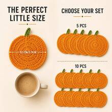 5/10 Pcs Hand‑Crocheted Pumpkin Coasters, Heat‑Resistant Table Mats For Tea Cups, Coffee Cups & Mugs, Autumn‑Themed, Protects Table Surfaces, Great For Fall, Halloween, Thanksgiving Themed Party Decorations - Hand-crocheted Pumpkin Mat - View 2
