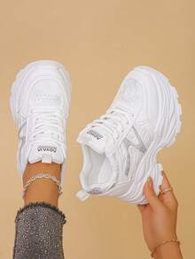 女款字母休閒運動風厚底坡跟運動鞋，四季皆宜 - 白色 - 查看 1