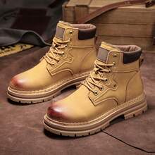 Men's Vintage Distressed High-Top Ankle Boots Lace-Up Thick Sole Outdoor Hiking Combat Boots - Yellow - View 1