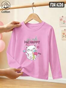 Girls Cotton Raglan Long Sleeve Tee For Fall Winter, Cute Cartoon Cat Holding Ice Cream Print With Heart Decor, Sweet Preppy School Style - Light Wine Red - View 1