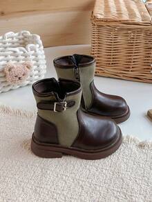Girls' Patchwork Knit Ankle Boots With Metal Buckle Side Zipper Thick Sole Vintage Fashion Versatile Work Boots For Autumn/Winter - Brown - View 3