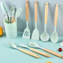 12 PCS Silicone Cooking Tools With Wooden Handle, Kitchen Utensil Set, Cooking Utensils Set Heat Resistant & Non-Scratch For Nonstick Pans, Utensil Set Includes Spatula, Spoon & Tongs, Kitchen Accessor - Grey - View 6