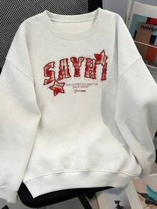 Sweet Style Plaid Patchwork Star & Letter Print Sweatshirt, Simple Casual Daily Versatile Women's Round Neck Autumn Sweatshirt - White-gray - View 4