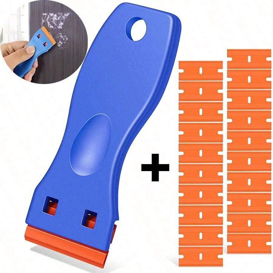 Juego de 5 piezas de herramientas raspadoras de plástico, raspador con hoja de afeitar para eliminar adhesivos y pegatinas, herramienta de limpieza de ventanas de vidrio y envolver vinilo para automóviles, limpiador de grasa de cocina con hojas de repuesto, decoración de mesa de oficina y dormitorio escolar, accesorio de regalo para cabina fotográfica
