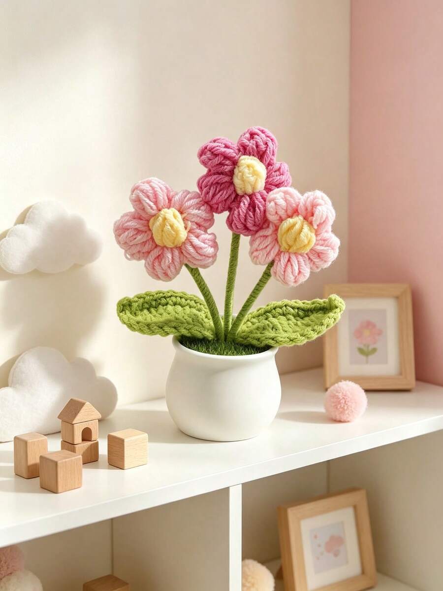 1pc Artificial Crochet Flower, Small Cute Durable, Dopamine Color, Desktop Decor, Baby Room Decoration, Holiday Gift, Daily Gift, Baby Baptism Decoration - Multicolor - View 1