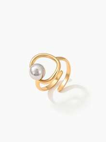 Vandermere 1pc Minimalist Stainless Steel Bicolor Gold & Silver Beaded Open Ring - Two-color - View 1