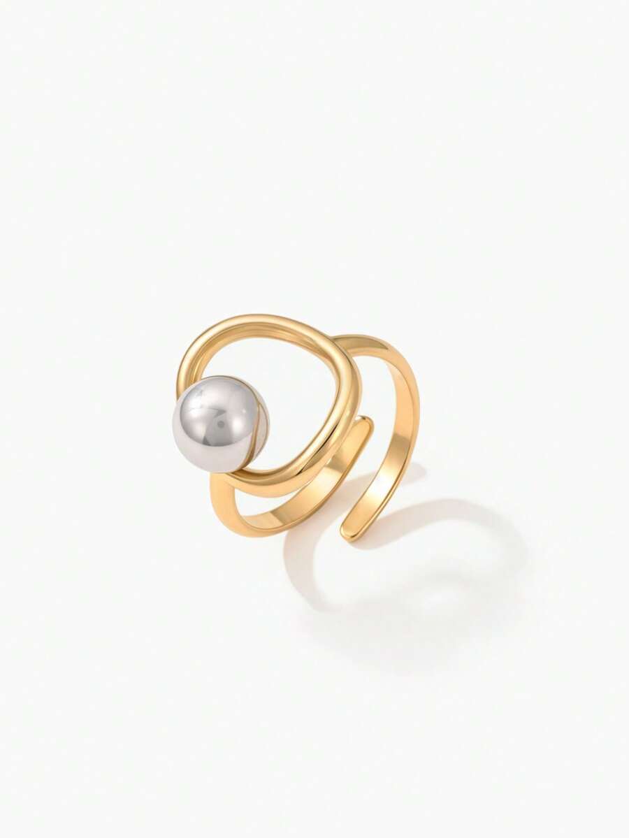 Vandermere 1pc Minimalist Stainless Steel Bicolor Gold & Silver Beaded Open Ring - Two-color - View 1