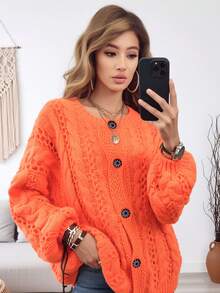 Plus Size Women Retro Orange Cable Stitch Cardigan Hollow Out Knit Sweater Button Up Warm Coat Fall Winter Vintage Style - Orange Red - View 4