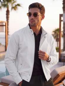 Men's Pure White Stand Collar Bomber Jacket, Elastic Hem Zipper Pockets Casual Short Jacket - White - View 7