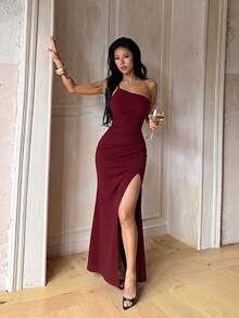 1件優雅針織面料無袖洋裝，適合婚禮與夏季 - 酒紅色 - 查看 2
