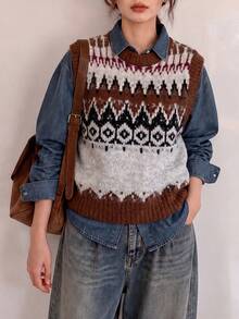 Women's Autumn/Winter Casual Minimalist Versatile Vintage Design Pattern Cardigan Sweater Vest - Multicolor - View 1