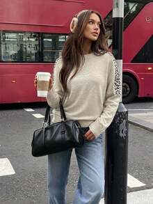 Vintage Patchwork Lazy Knit Top, Black Leopard Print Raglan Block Crew Neck Versatile Casual Long Sleeve Sweater, Suitable For Daily Commute, Shopping, Travel, Home Leisure - Champagne - View 3
