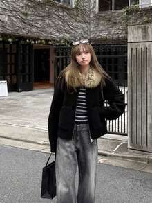 Custom Dyed Faux Fur Collar Small Grain Lamb Fleece Jacket Winter Black Fuzzy Winter Coat - Black - View 4
