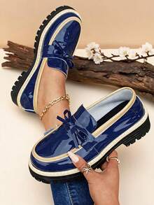 1 Pair Ladies Blue Bow Decor Two Tone Platform Loafers, Spring Autumn Daily Footwear - Blue - View 5