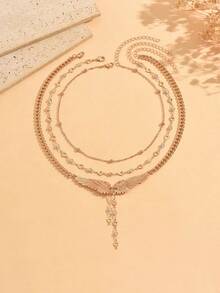 3pcs/Set Personalized Angel Wings Women's Necklace With Shiny Rhinestone Heart Element, Fashion Versatile Neck Jewelry Suitable For Daily Wear, Shopping, Dating, Party, Music Festival - Multicolor - View 2