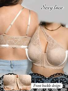 Bra Renda Satu Bahu Asimetris Ukuran Plus, Renda Bunga yang Nyaman dan Bernapas, Penutup Kait & Mata Multi-Baris di Depan, Penyangga Push-Up dengan Kawat Penyangga, Desain Renda di Bagian Belakang - Krem - View 4