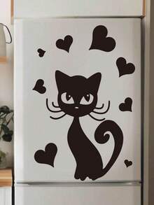 Cute Black Cat Heart-Shaped Wall Decal, Removable Vinyl Wall Sticker, Cartoon Pet Cat Children's Mural For Bedroom, Refrigerator, Cabinet, Home DIY Decor - D - View 2