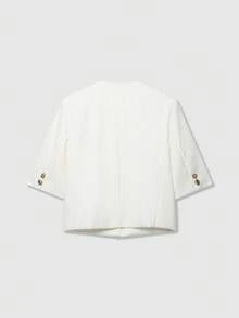 Women's Round Neck Short Sleeve Double-Breasted Coarse Wool Blazer - White - View 2