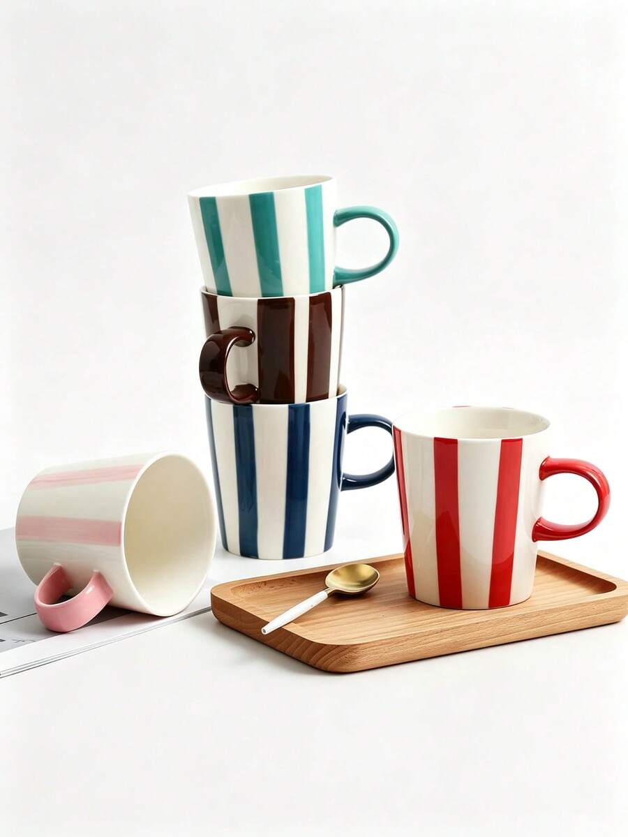 Multi-Color Vertical Striped Ceramic Mug, Ins Style Highly Attractive Coffee Cup, Colorful Striped Minimalist Heat-Resistant Breakfast Cup For Home, Office, Tea, Afternoon Tea - Multicolor - View 1