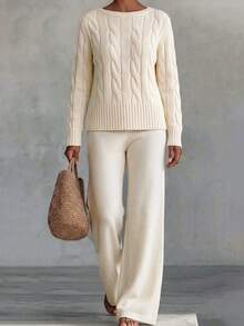 Women's Crew Neck Long Sleeve Knit Sweater & Wide Leg Pants Set, Autumn/Winter - Off White - View 4