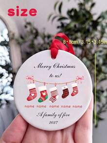 1pc Customized Name "Our First Christmas" Family Hanging Ornament, Personalized Ceramic Round Pendant, Stocking Pattern Design, Christmas Tree Decoration, Family Keepsake Christmas Gift - Multicolor - View 7