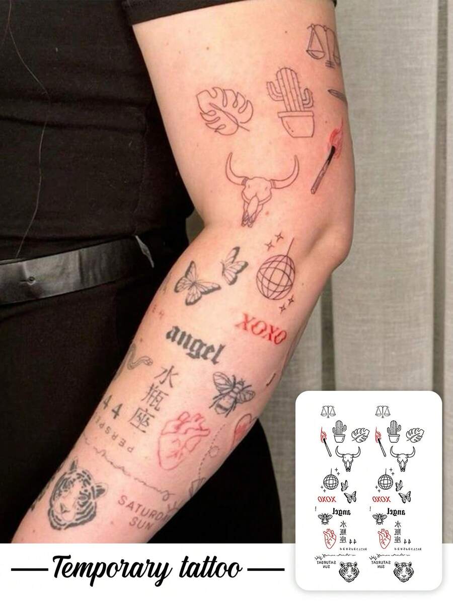 1pc Temporary Tattoo Sticker, Retro Mixed Cactus Bull Skull Zodiac Tiger Cartoon Pattern, Realistic Fake Tattoo Design, Suitable For Daily Wear, Bachelorette Party Favors, Music Festivals, Cosplay, Graduation Gifts, Lasts 3‑5 Days - Multicolor - View 1