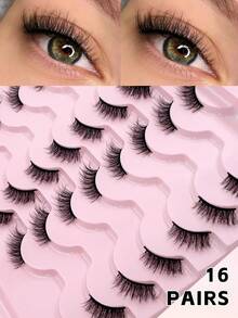 ENCHUW 16 Pairs Half Lashes Natural Look Fluffy Wispy Fake Eyelashes Strip Eye Lashes Cat Eye Look Curling False Eyelashes - Black - View 1