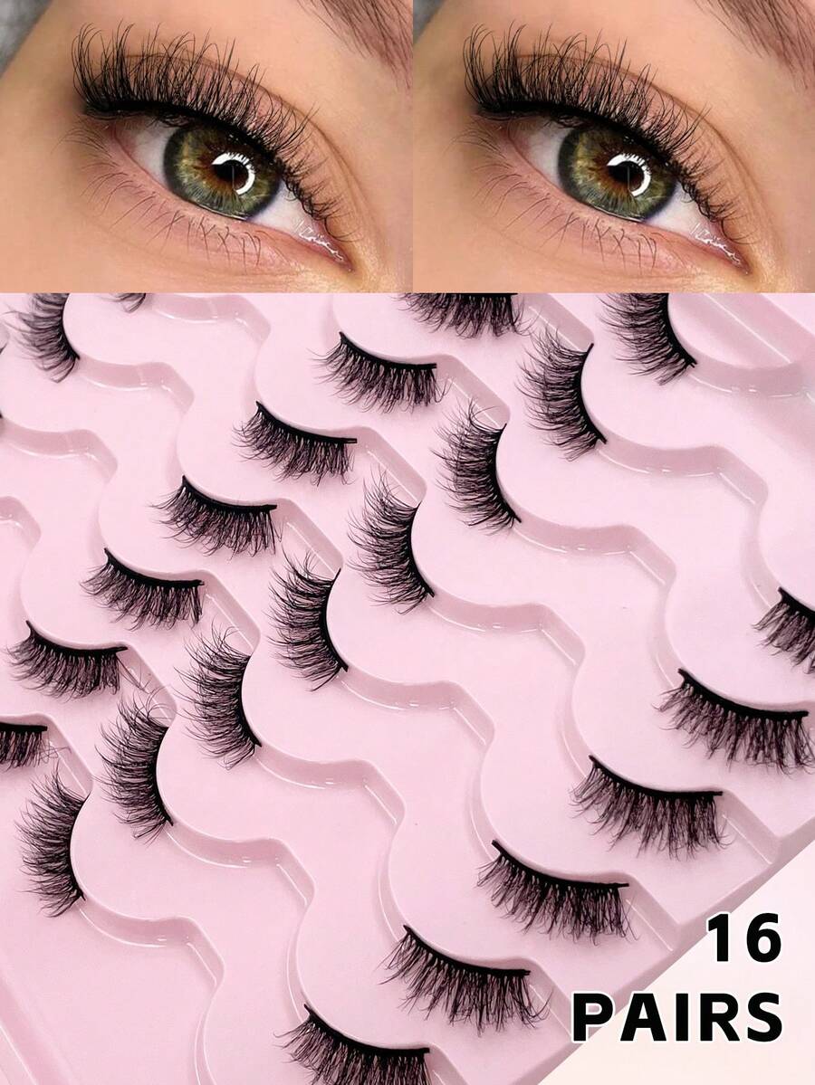 ENCHUW 16 Pairs Half Lashes Natural Look Fluffy Wispy Fake Eyelashes Strip Eye Lashes Cat Eye Look Curling False Eyelashes - Black - View 1