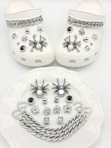 14pcs Gun Black Spider Dark Style Clog Shoe Charms, Rhinestone Star Flower DIY Alloy Shoe Buckle Set - Silver - View 10